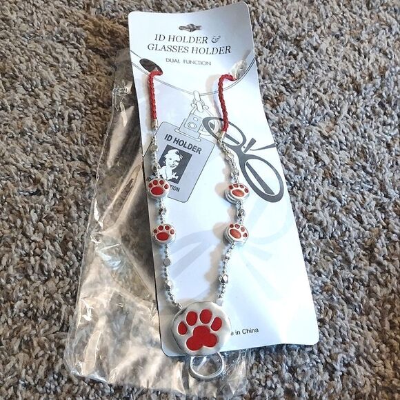 Cute Red and Silver Toned Paw Print ID and Glasses Holder Adjustable Necklace - Picture 1 of 11